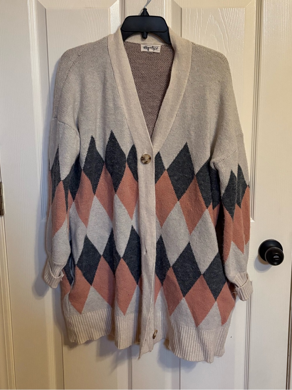 Haptics Beige Argyle Button Cardigan with Pink Accents